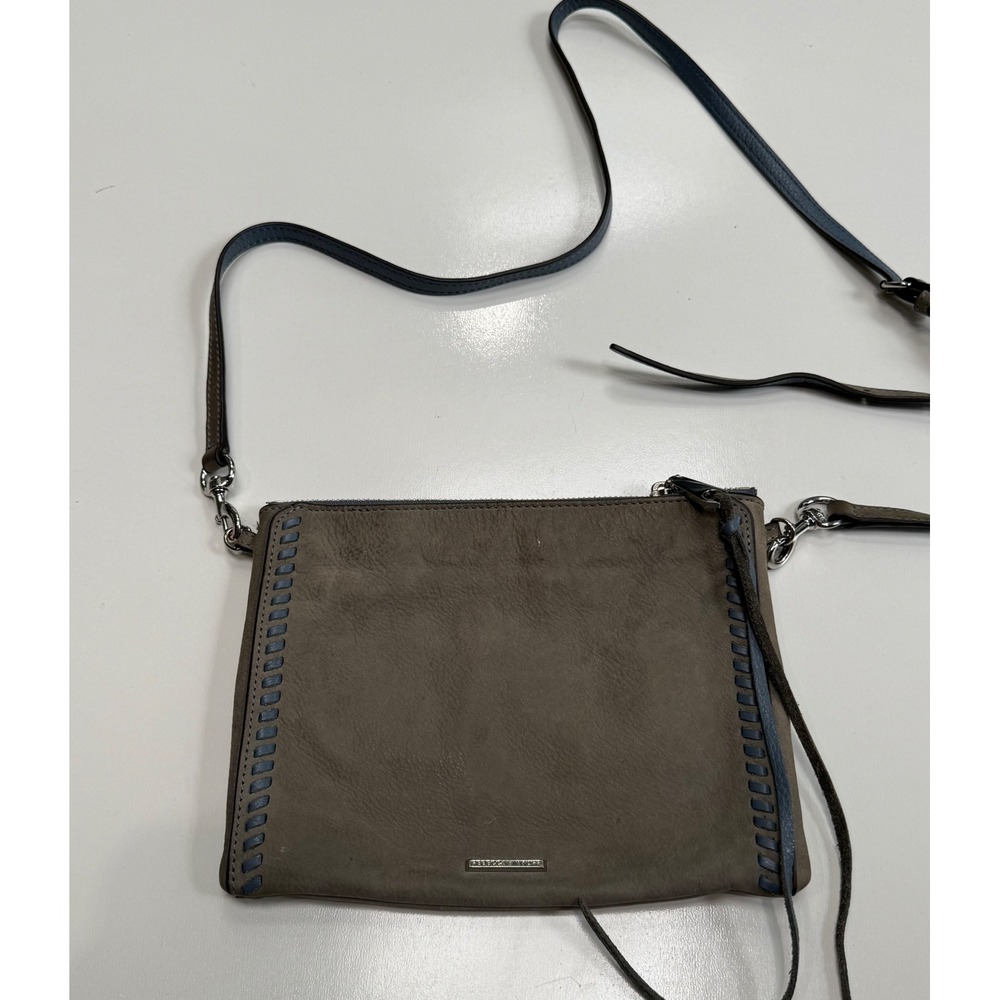 Rebecca Minkoff Grey Leather Whipstitch Crossbody Bag Blue Trim Zip Top Small